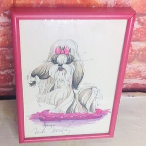 Vintage Y2K Signed Mike McCarthy Shih tzu Dog Illustration in Hot Pink Frame